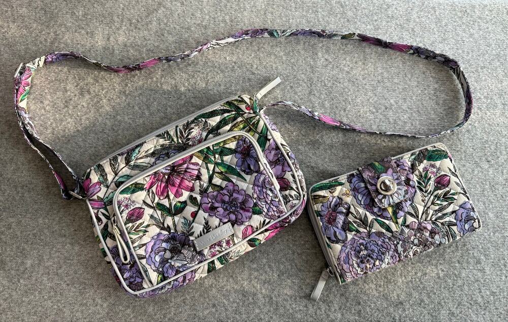 Vera Bradley Lavender Meadow Quilted Crossbody Purse & Turnlock Wallet Set